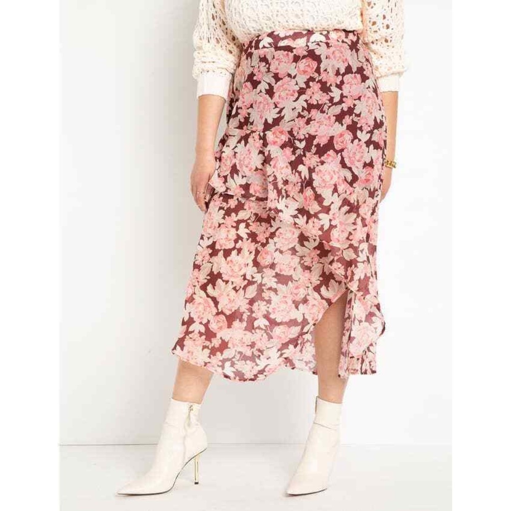 Eloquii Pink & Maroon Flowy Floral Midi Skirt